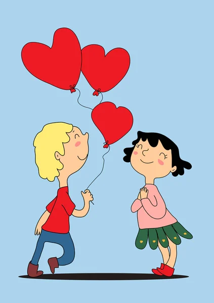 Un ragazzo cartone animato dà una ragazza palloncini cuore rosso. La ragazza felice, dolce, divertente ha incrociato le mani. Vettore — Vettoriale Stock