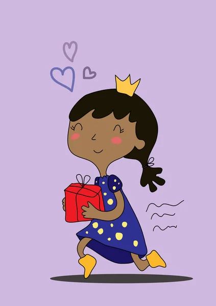 Drawn cute cartoon black girl with a crown on her head carries a gift box and smiles. Vector illustration — ストックベクタ