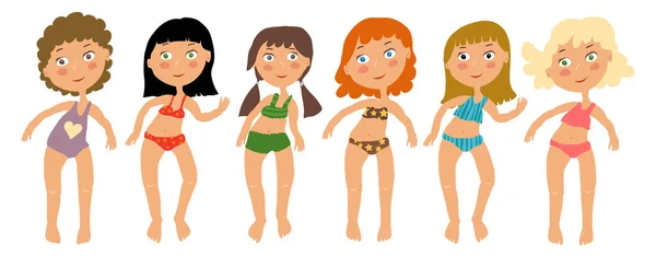 Wektor różne śmieszne kreskówki dziewczyny w stroje kąpielowe izolowane — Wektor stockowy