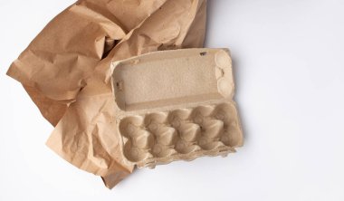 Beyaz arka planda yeşil dalı olan geri dönüşümlü kartondan yapılmış boş yumurta paketleme