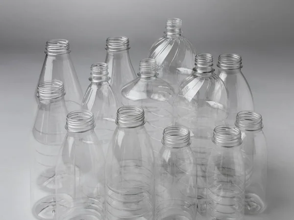 Muitas Garrafas Novas Transparentes Plástico Para Embalagens Alimentos — Fotografia de Stock