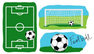 Futbol sahası manzaralı. Çimlerin üzerindeki top. Futbol sahasında topu olan bir gol. Çizgi film vektör illüstrasyonu.