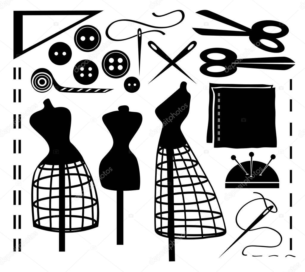 Vector sewing tools and accessories on a white background