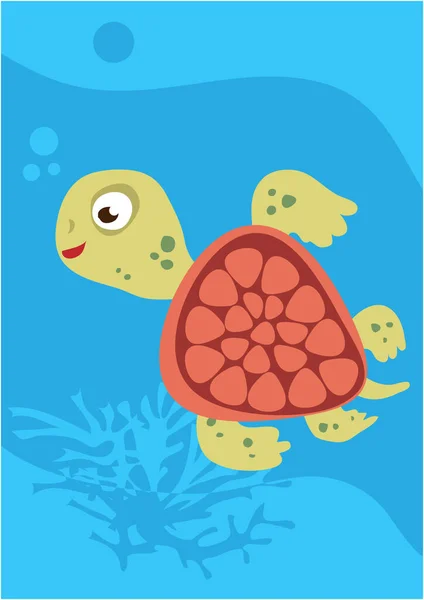 Imagen Vectorial Tortuga Sobre Fondo Azul Con Silueta Olas Algas — Vector de stock