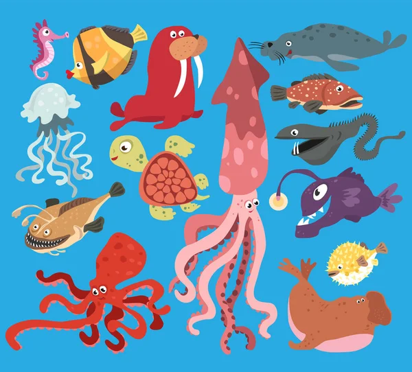 Vektor Grußkarte Helle Farbe Karikatur Unterwasserwelt Der Meereslebewesen Fische Kraken — Stockvektor