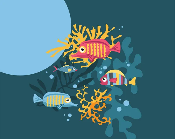 Vector Grußkarte Mit Kopierraum Bunte Cartoon Fische Schwimmen Meer Mit — Stockvektor