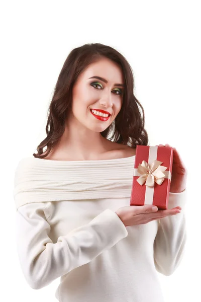 Portrait of young smiling female hold gift, isolated on white — Stock Photo, Image
