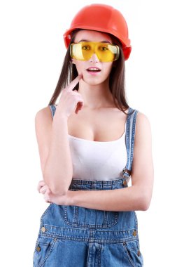 Genç kadın Oluşturucusu'nda tulum portresi ve kask ile de