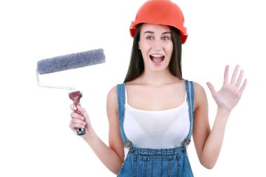 Kadınlar beyaz zemin üzerine izole inşaat araçları gösterir