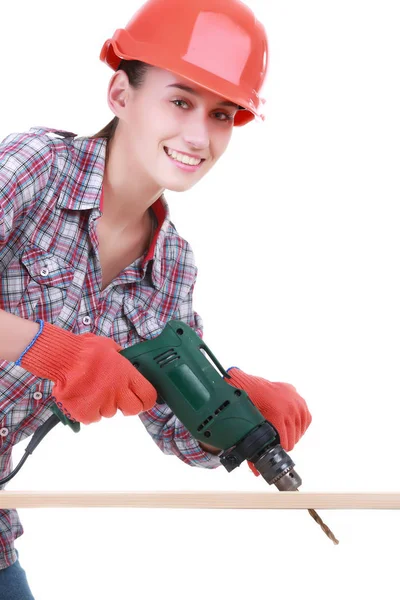 Ženy ukazuje stavební nástroje, izolovaných na bílém pozadí — Stock fotografie