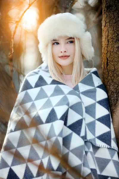 Mulher beleza no cenário de inverno — Fotografia de Stock