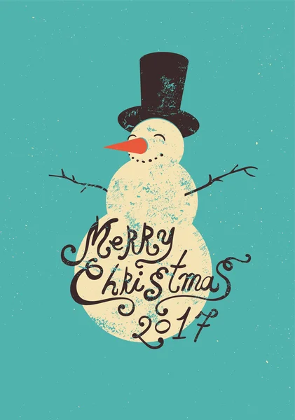 Caligrafía retro diseño de tarjetas de Navidad con muñeco de nieve. Grunge vector ilustración . — Archivo Imágenes Vectoriales