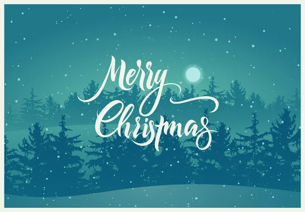 Feliz Navidad. Caligrafía retro diseño de tarjetas de Navidad con paisaje de invierno. Ilustración vectorial . — Archivo Imágenes Vectoriales