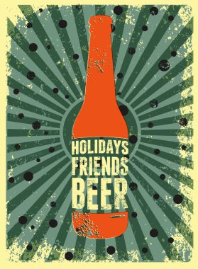 Tatil, arkadaş, bira. Tipografik retro grunge Noel bira posteri. Vektör çizim.