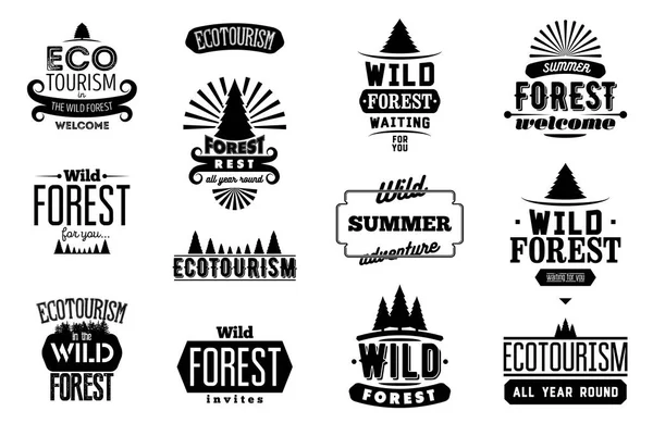 Conjunto vectorial de etiquetas retro tipográficas de bosque salvaje y ecoturismo, insignias vintage y letreros de logotipo . — Vector de stock