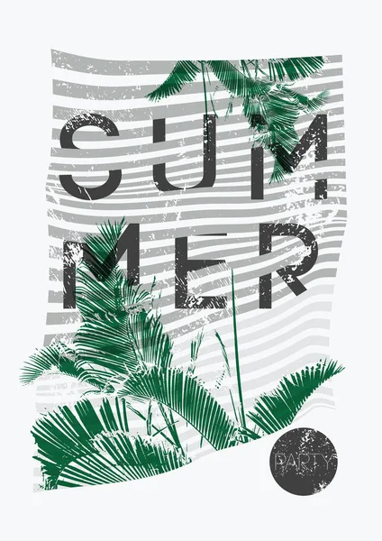 Yaz tropikal parti tipografik grunge VINTAGE poster tasarım palm ile bırakır. Retro vektör çizim. — Stok Vektör