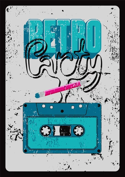Retro Party disegno poster grunge tipografico con audiocassetta. Illustrazione vettoriale vintage . — Vettoriale Stock