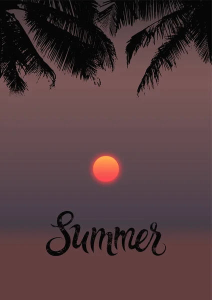 Poster grunge calligraphique d'été sur fond de paysage tropical avec coucher de soleil. Illustration vectorielle rétro . — Image vectorielle