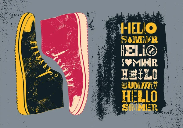 ¡Hola Summer! Diseño tipográfico de póster retro grunge de verano. Ilustración vectorial . — Vector de stock