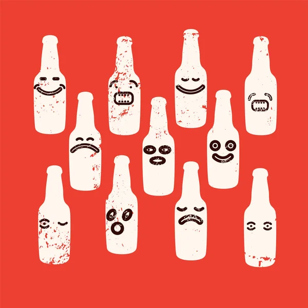 Divertidas botellas de cerveza grunge emoji set. Ilustración vectorial . — Vector de stock