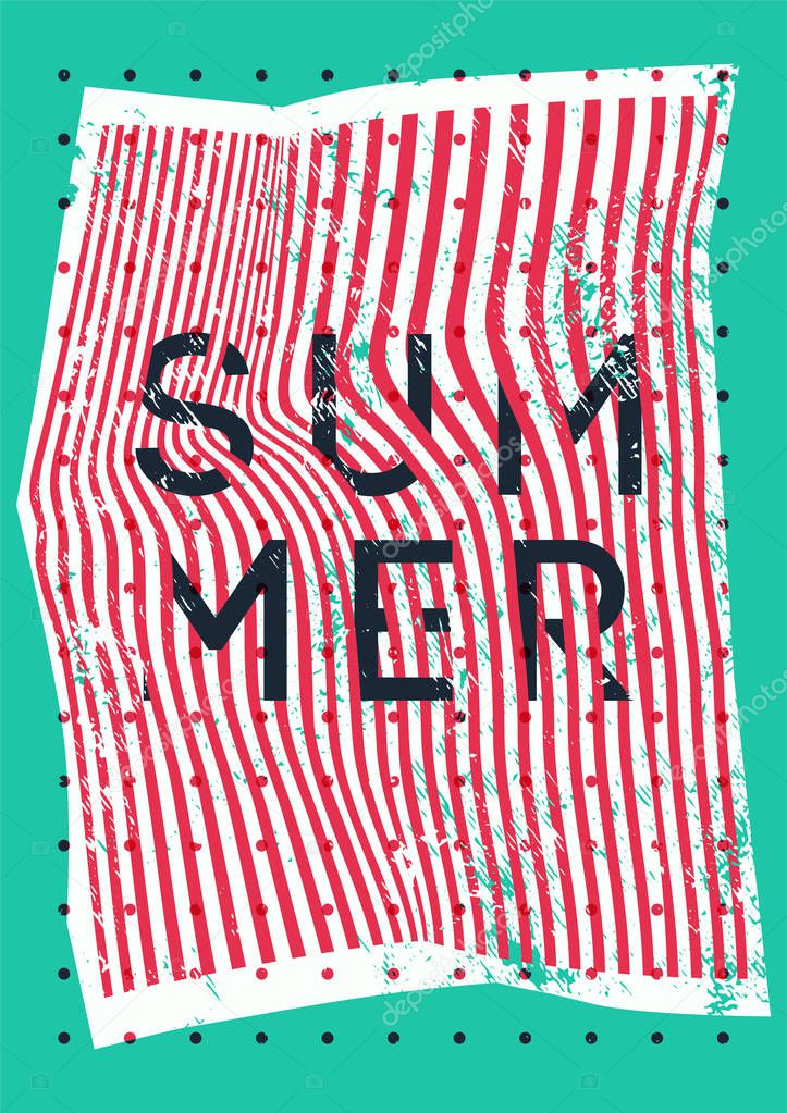 Summer typographic vintage grunge poster design on misshapen lines abstract geometric background. Retro vector illustration.
