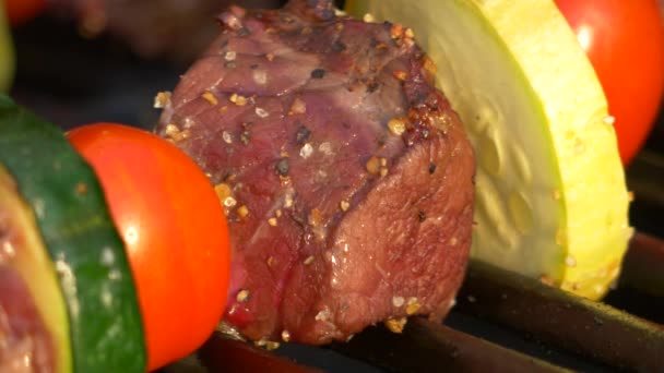 Closeup de carne temperado Kabob crepitante no Grill, 4k — Vídeo de Stock