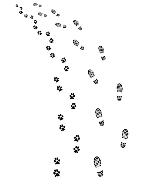 Fußspuren Von Mensch Und Hund Links Abbiegen — Stockvektor