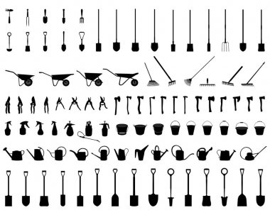 Farklı Bahçe araçları beyaz bir arka plan üzerinde siyah siluetleri
