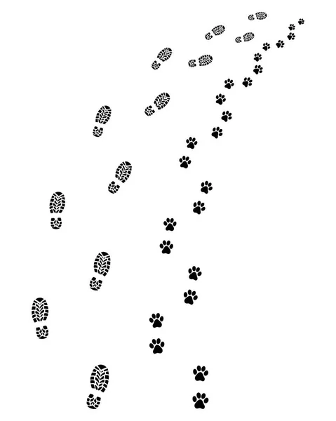 Fußspuren Von Mensch Und Hund Rechts Abbiegen — Stockvektor