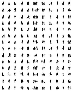 Beyaz arka planda yürüyen siyah aile siluetleri