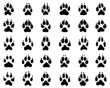 Beyaz arkaplanda köpek pençelerinin siyah baskısı