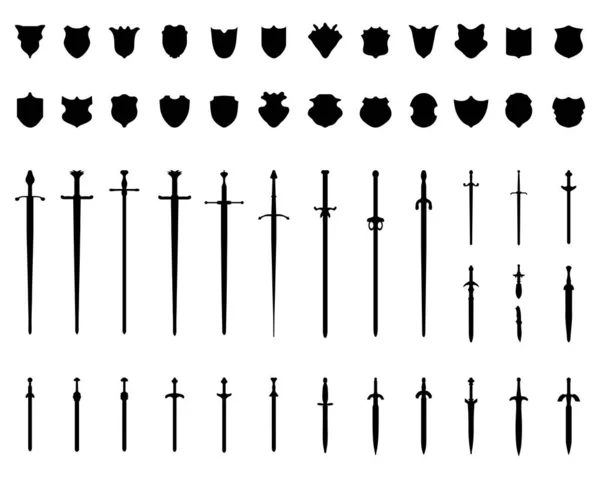 Zwarte Silhouetten Van Schilden Zwaarden Een Witte Achtergrond — Stockvector