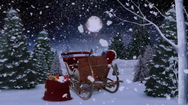 在洒满月光的圣诞老人雪橇松树 4 k — 图库视频影像
