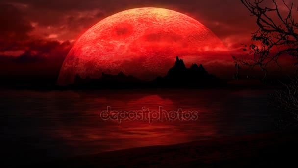 Silueta Beach Island en Red Large Moon 4K Loop — Vídeos de Stock