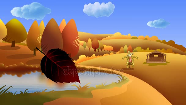 Autumn Landscape Happy Thanksgiving Leaf Blown Cartoon 4K Loop — Stock Video