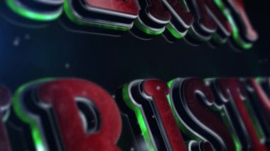 Kırmızı yeşil Merry Christmas Metal 3d metin 4k döngü özellikleri farklı kamera açıları zarif bir 3d Merry Christmas metin gibi parçacıklar bir döngü sahnede üzerinden uçan kar ile gösterilen