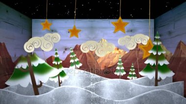 Merry Christmas kutusu 4 k döngü özellikleri çam ağaçları, bulutlar ve yıldız kesme çıkışları Sahne Alanı'nda görünümünde bir döngü içinde bir Merry Christmas mesajla düşen ahşap işareti olan bir kutu içinde hareketlendirme