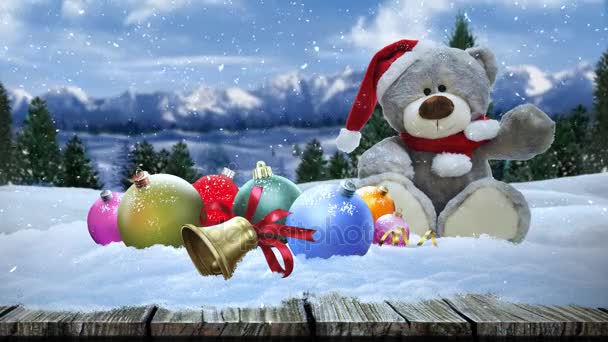 Christmas Country Bear Snow Loop Features Stuffed Bear Sitting Christmas — Stock Video