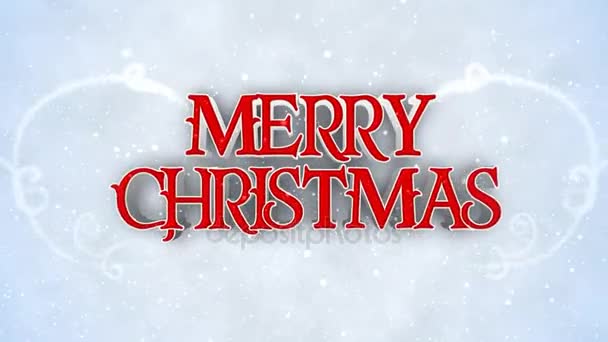 メリー クリスマス幸せな新しい年赤白い雪 のループ機能 テキスト アニメーションとメリー クリスマス新年メッセージで雪に覆われた環境でカメラの電源を — ストック動画