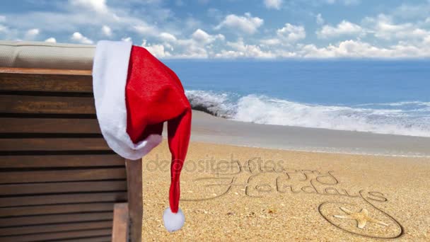 Happy Holidays Van Het Strand Beschikt Een Strandstoel Met Een — Stockvideo