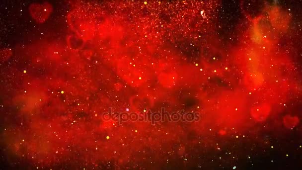 Valentinsherzen glitzern auf rotem Hintergrund 4k Loop bietet eine rote Atmosphäre voller animierter Herzen, Wolken und Partikel, die in einer Schleife schweben