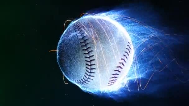 飛行炎 ループ機能で回転するループ内から発せられる青い粒子の炎ような雰囲気の空間を飛んでいる野球野球 — ストック動画
