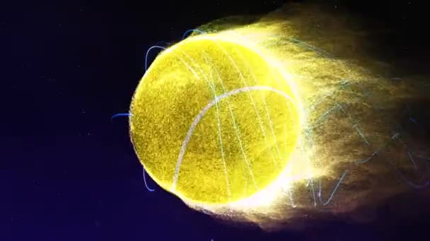 テニス ボール飛んでループで回転する黄色の粒子と大気のそれとしてそれから発せられる炎のように空間を飛んでいるテニスボール炎 ループ機能 — ストック動画