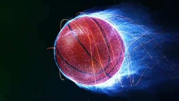 篮球在火焰中飞行4K 回路的特点是篮球飞行通过一个空间 如蓝色粒子火焰从它产生 因为它旋转的循环 — 图库视频影像