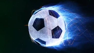 Futbol topu uçan alevler 4 k döngü özellikleri atmosfer ile mavi parçacık olarak ondan yayılan alevler gibi bir uzayda uçan bir futbol topu bir döngüde döner