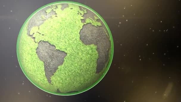 快乐地球日地球在空间4K 循环的特点是一个旋转的草地地球进入视野与围绕它生长的花朵环和一个动画快乐地球日消息 — 图库视频影像