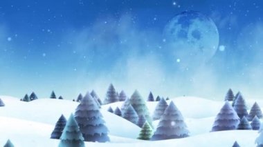 Dolunaylı Kış Ağaçları 4k Döngüsünde, bir kış sahnesinde uçan bir kamera, resimli çam ağaçları, düşen karlar ve döngüde dolunay yer alıyor.