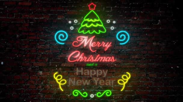 Mutlu Noeller Neon Yeni Yıl Tabelası Döngüsü Nde Bir Tuğla — Stok video