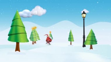 Noel Baba 'nın Mutlu Yıllar Yılbaşı Manzarası Değişimi 4k, Noel Baba' nın çam ağaçlarının arasından koşup onları süslediği Noel ağaçlarına dönüştürüyor ve sonra da 