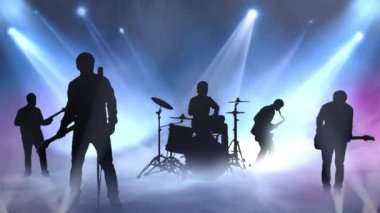 Sahne 4k 'de Beat Siluetleri' ne rock yapan müzisyenlerin siluetleri sahnede süzülen sis ve yanıp sönen ışıklarla